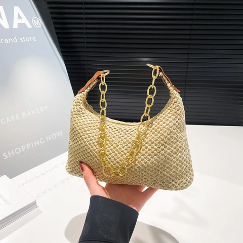 Dames Mode Handgeweven Stro Schoudertas Met Gouden Grove Ketting Effen Kleur Minimalistisch Zomer Strand Hobo Tas