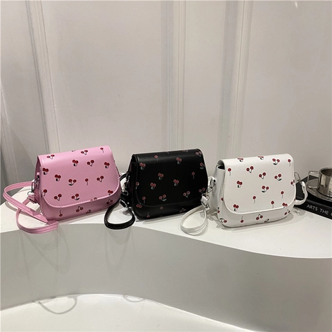 Bolso de Montura de Cuero PU con Estampado de Cerezas para Mujer Bolso Bandolera con Solapa y Correa Ajustable Bolso Casual