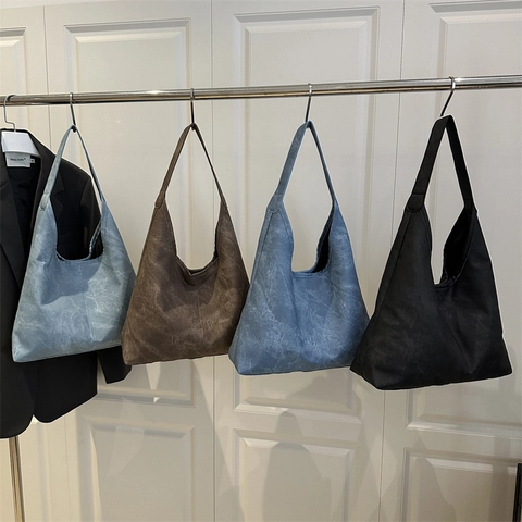 Large Capacity Washed PU Leather Tote Bag For Women Retro Minimalist Hobo Shoulder Bag Casual Commute Handbag Solid Color