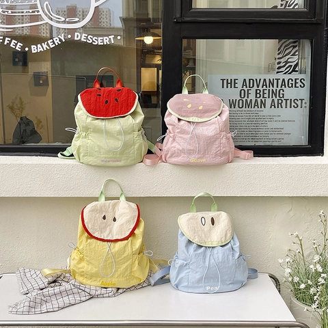 Mochila Temática Frutas Nylon Arrugado Dibujos Animados Manzana Sandía Diseño Cordón Solapa Bolso Viaje Casual Para Niñas