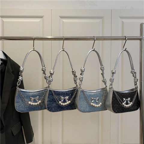 Borsa a Spalla da Donna in Denim Pelle PU Moda Catena a Farfalla Decorazione Perla Artificiale Stile Y2K Borsa a Tracolla