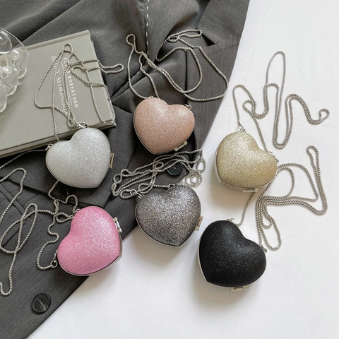 Sac de Soirée Forme de Cœur à Paillettes Femmes Avec Chaîne en Métal Sac à Bandoulière pour Mariage Fête Mini Sac à Main