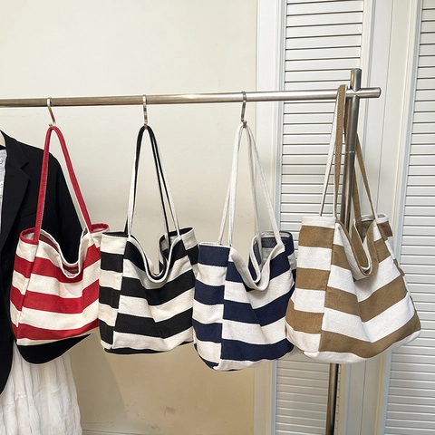 Women Large Capacity Canvas Striped Tote Bag Fashion Casual Commuter Shoulder Bag High Density Stripe Design Shopper Handbag