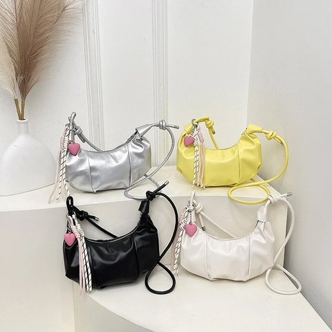 Women Pleated Crescent Hobo Bag PU Leather Gathered Crossbody Shoulder Bag With Heart Pendant And Braided Rope