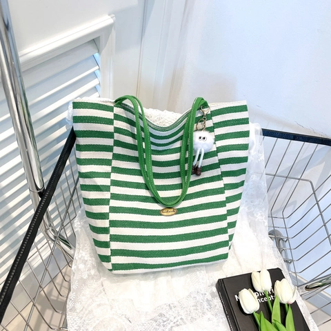 Damen Gestreifte Canvas Tote Bag Große Kapazität Lässige Umhängetasche Mit Plüsch Monster Anhänger Magnetverschluss Shopper Handtasche