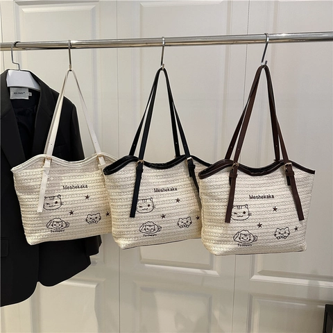 Cartoon Katze Stickerei Strohgewebte Tragetasche Sommer Urlaub Schulterhandtasche Mit Verstellbarem PU Leder Riemen Für Damen