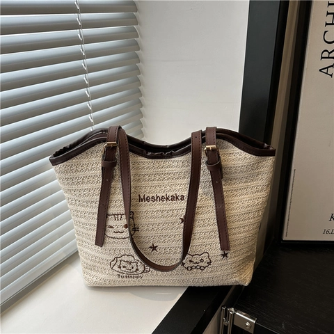 Cartoon Katze Stickerei Strohgewebte Tragetasche Sommer Urlaub Schulterhandtasche Mit Verstellbarem PU Leder Riemen Für Damen