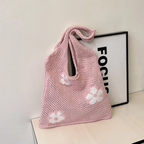 Knit Shoulder Bag Hollow Out Crochet Tote Bag Large Capacity Floral Print Woolen Handbag Vintage Casual For Women