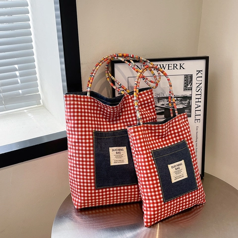Vintage Denim Reversible Tote Bag For Women Large Capacity Red White Plaid Canvas Shoulder Bag With Woven Handles Casual Handbag
