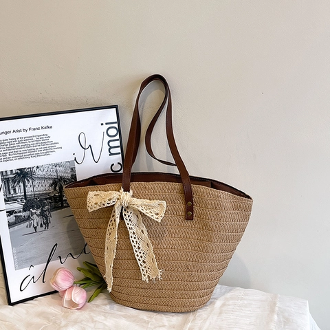Bolso De Paja Tejido A Mano Gran Capacidad Vacaciones En La Playa Bolso De Hombro Retro Francés Con Lazo De Encaje Para Mujer