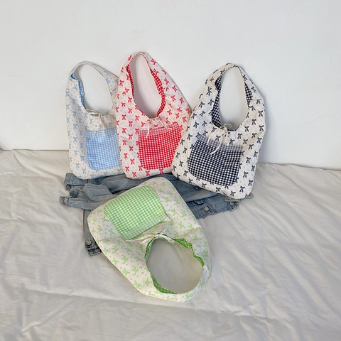 Reversible Women Tote Bag Bow Print Gingham Pocket Lace Trim Large Capacity Korean Style Nylon Shoulder Bag Daily Handbag