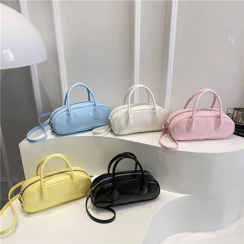 Chic Glossy PU Leather Mini Boston Bag For Women Elegant Oval Handbag With Detachable Shoulder Strap And Silver Hardware