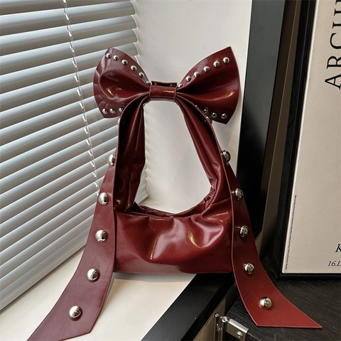 Vintage Large Bow Shoulder Bag For Women Glossy PU Leather Rivet Tote Bag Fashion Punk Underarm Crossbody Handbag
