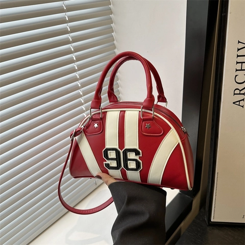 Bowling Handbag Retro Sports PU Leather Contrast Color With Number 96 Patch Star Rivets Crossbody Shoulder Bag For Women