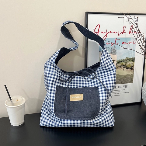 Grand Cabas Réversible Vichy Pour Femmes Patchwork en Denim Toile Sac à Épaule Décontracté École Trajet Sac à Main