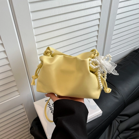 Women Pleated PU Leather Shoulder Bag With Artificial Pearl Lace Bow Decoration Sweet Korean Style Bucket Bag Commuting Handbag