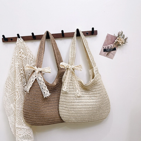 Women Large Capacity Woven Tote Bag With Lace Bow Hand Crafted Casual Summer Beach Shoulder Bag For Travel Daily Fashion
