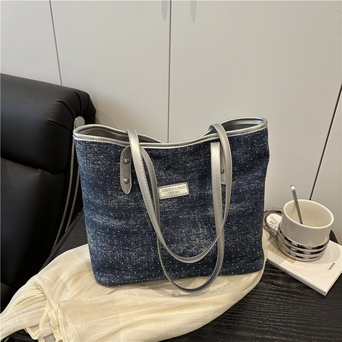 Fashion Große Tote Bag Denim Stoff Glitzer Strass Dekoration Lässige Schulter Handtasche Frauen Täglich Pendeln