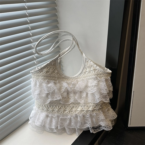 White Lace Shoulder Bag Multi Layer Ruffles Large Capacity Tote Fairy Style Summer Beach Vacation Women Sweet Bag