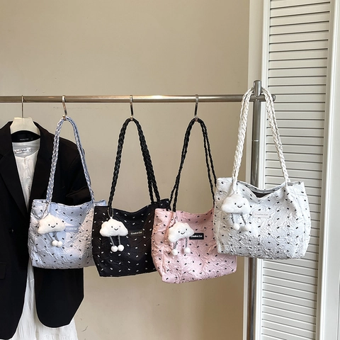 Quilted Tote Bag For Women Bubble Texture Shoulder Bag With Mini Bow Knot Pattern And Cloud Plush Pendant Kawaii Casual