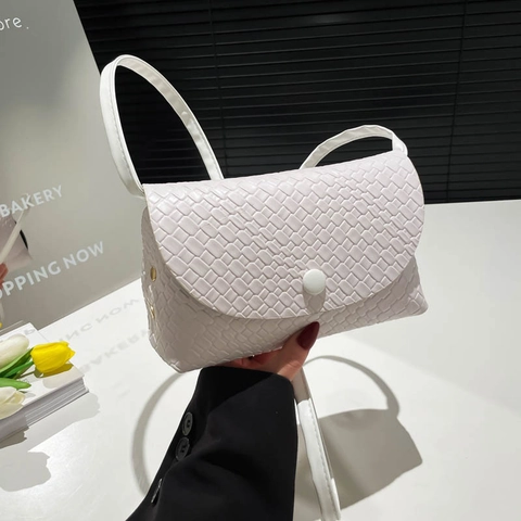 Bolso de Bandolera a la Moda para Mujer de Cuero PU con Textura Tejida Bolso Cuadrado Pequeño con Solapa y Hebilla Redonda Bolso de Mano Casual Diario