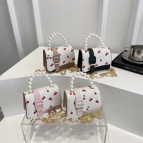Women Fresh Cherry Print Mini Square Bag With Artificial Pearl Handle Elegant Gold Chain Strap PU Shoulder Crossbody Handbag