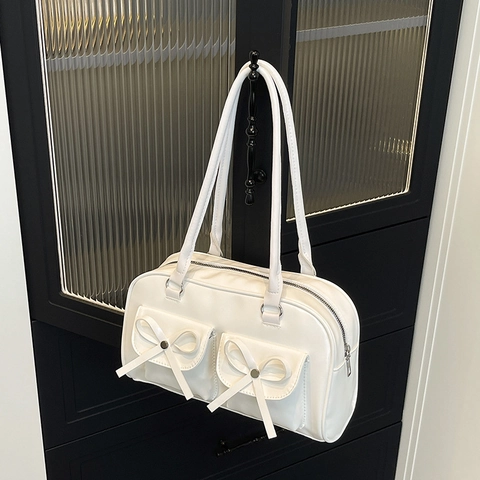 Bolso Axilar de Cuero PU para Mujer con Lazo Color Sólido Versátil Bolso de Hombro de Gran Capacidad Bolsillos Delanteros Dobles Bolso de Mano Cuadrado Estilo Ballet