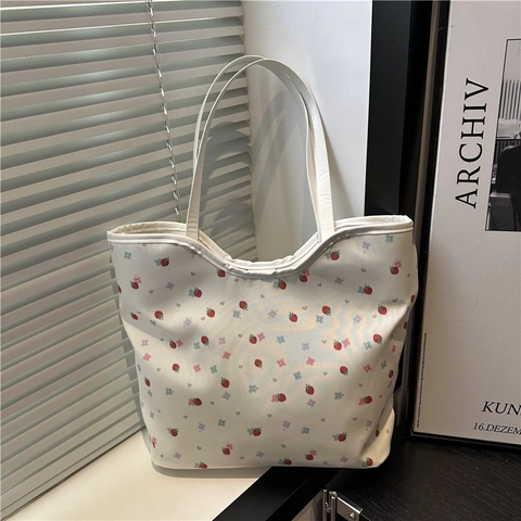 Floral Printed Tote Bag Large Capacity Canvas Shoulder Handbag With Magnetic Buckle For Women Commuting Casual Summer