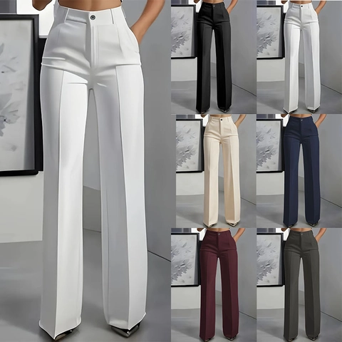Women High Waist Draped Straight Leg Suit Pants Office Commuter Wide Leg Trousers Solid Color Polyester Fashion Dress Pants
