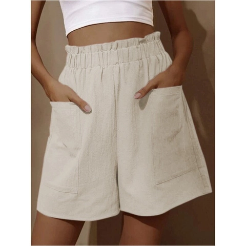 Women Casual High Waist Paperbag Waist Cotton Blend Solid Color Wide Leg Shorts Summer Daily Pocket Shorts