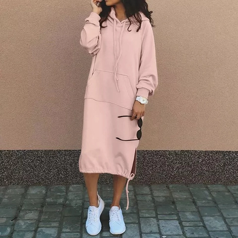 Women's Casual Hooded Sweatshirt Dress Loose Fit Long Sleeve Solid Color Pullover With Pockets And Side Slit Winter Fashion