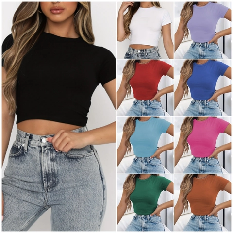 Women's Casual Solid Color Short Sleeve Crop Top Slim Fit Crew Neck Pullover T-Shirt