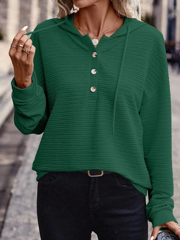 Women's Casual Polyester Hooded Sweatshirt Jacket Solid Color Long Sleeve Henley Neck Button Pullover Plissé Textured Top