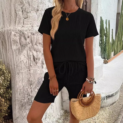 Completo Due Pezzi da Donna a Costine Maglietta Manica Corta e Pantaloncini con Coulisse Abbigliamento Estivo Casual
