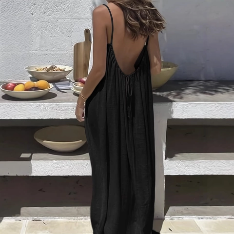 Women Backless Halter Maxi Dress Spaghetti Strap Crinkle Pleated Flowy Summer Vacation Beach Solid Color Polyester Dress