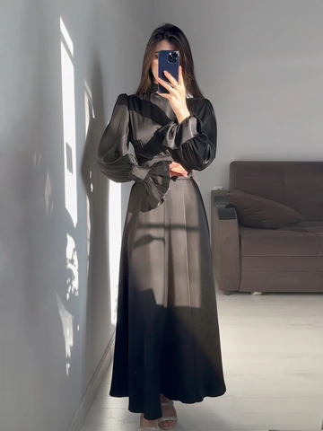 Women's Elegant High Neck Maxi Dress Satin Finish Puff Sleeve Cross Tied Waist Fairy Style Fall Party Evening Prom Gown