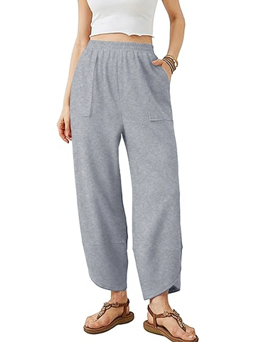 Women's Casual Polyester Pants Loose High Waist Elastic Waistband Solid Color Tapered Trousers With Pockets Daily Sportswear