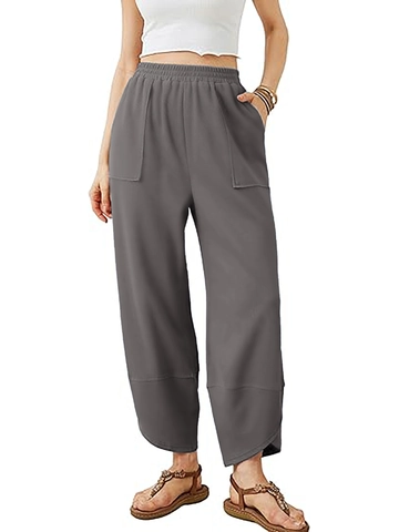 Women's Casual Polyester Pants Loose High Waist Elastic Waistband Solid Color Tapered Trousers With Pockets Daily Sportswear
