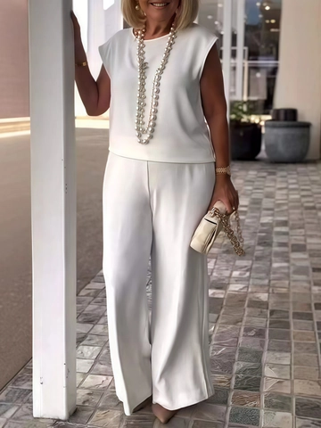 Women Solid Color Sleeveless Top And Wide Leg Pants Set Polyester Casual Round Neck Summer Outfits Vest Pants Suit