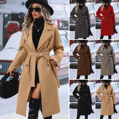 Damen Zweireihiger Langer Wollmantel Reverskragen Mit Gürtel Außenjacke Einfarbig Warm Herbst Winter Top