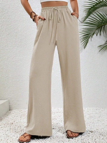 Damen High Waist Weites Bein Hose Einfarbig Kordelzug Hose Locker Lässig Gerade Hose Mit Taschen Für Sommer