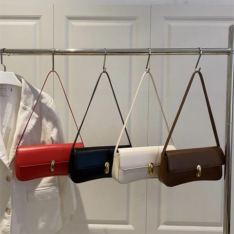 Damen Koreanisch Minimalistisch PU Leder Achseltasche Mode Gold Schloss Umhängetasche Vintage Baguette Tasche Für Alltag