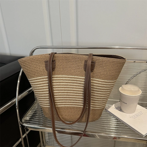 Large Capacity Raffia Straw Woven Tote Bag For Women Summer Vacation Beach Stripe Shoulder Handbag Casual Travel Bag