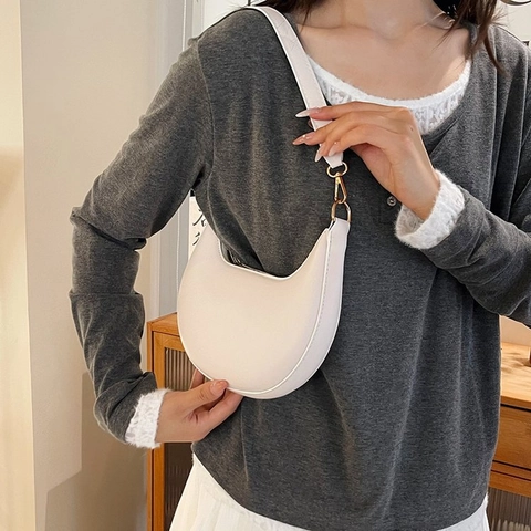 Women Minimalist PU Leather Crescent Underarm Bag Stitched Gold Hardware Shoulder Bag Fashion High Texture Handbag Gift