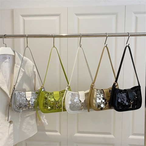 Moda Donna Borsa a Spalla con Paillettes Sottobraccio in Pelle PU Shimmering Party Handbag Niche Crossbody Bag da Donna