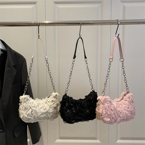 Women 3D Rose Flower Shoulder Bag Romantic Mesh Underarm Purse With Metal Chain Strap Elegant Evening Party Accessory