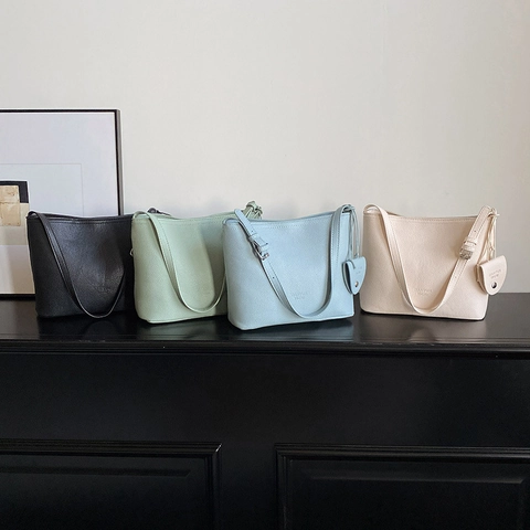 Women's Korean Minimalist Litchi Pattern PU Leather Bucket Bag Versatile Small Shoulder Crossbody Bag With Mini Pendant Pouch