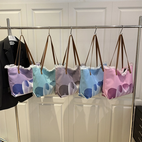 Canvas Tote Bag Große Kapazität Lotus Print Fransen Tassel Kanten Kunstleder Griff Umhängetasche Damen Alltag Reise