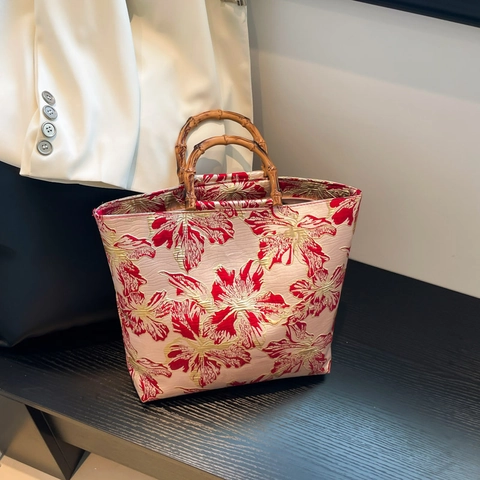 Sac Cabas Vintage Jacquard Floral Avec Poignées En Bambou Grande Capacité Broderie Sac À Main Pour Femmes Casual Voyage Épaule
