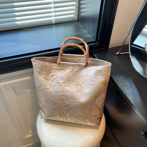 Grand Sac Tote Vintage Style Chinois Broderie Florale Avec Poignée En Bambou Naturel Sac À Main En Tissu Pour Femme